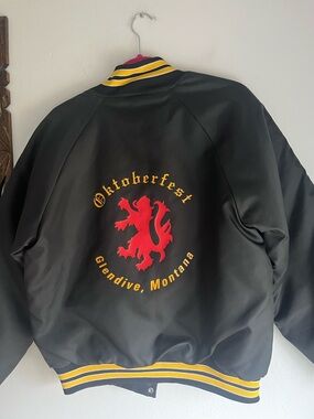 Oktoberfest Glendive Montana Black Satin Jacket with Red Lion Patch